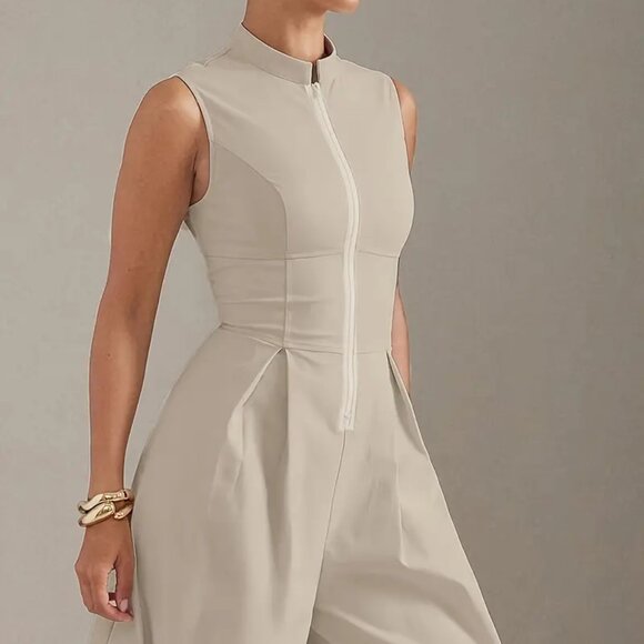 Ivory White Wide Leg Zip Up High Neck Jumpsuit - Picture 4 of 7